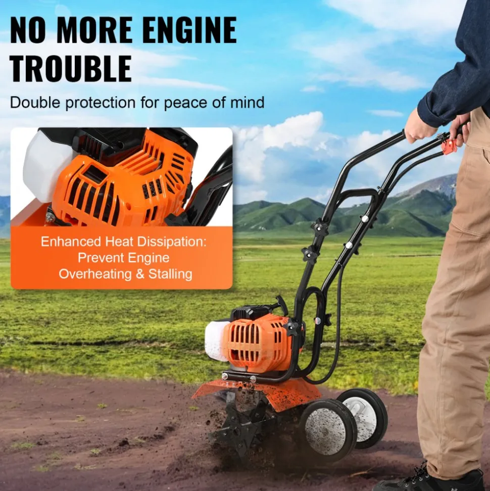 VEVOR Tiller Cultivator, 43CC 2-Stroke Garden Cultivator, Tiller with 4 Steel Adjustable Front Tines for Lawn, Garden and Field Cultivation