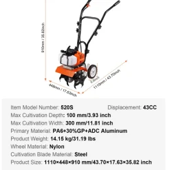 VEVOR Tiller Cultivator, 43CC 2-Stroke Garden Cultivator, Tiller with 4 Steel Adjustable Front Tines for Lawn, Garden and Field Cultivation