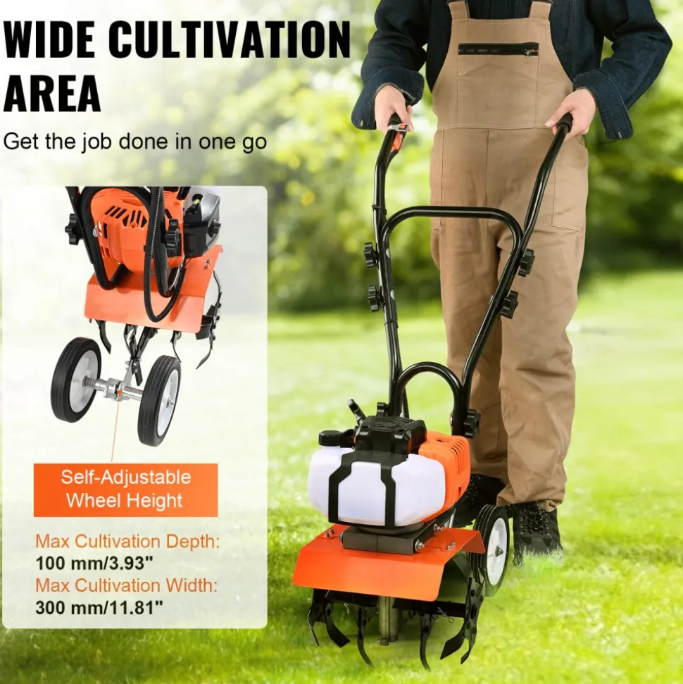 VEVOR Tiller Cultivator, 43CC 2-Stroke Garden Cultivator, Tiller with 4 Steel Adjustable Front Tines for Lawn, Garden and Field Cultivation