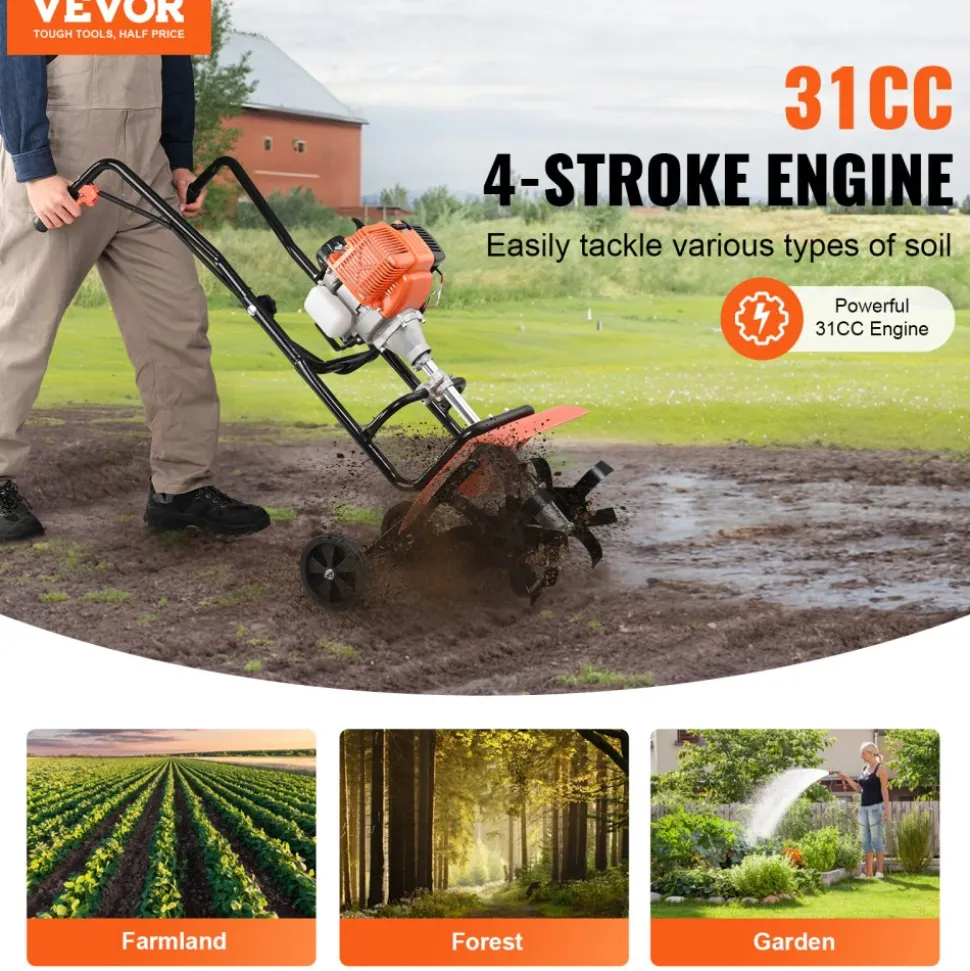 VEVOR Tiller Cultivator, 31CC 4-Stroke Garden Cultivator, Tiller with 4 Steel Adjustable Front Tines for Lawn, Garden and Field Cultivation