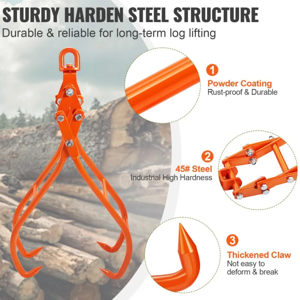 VEVOR Timber Claw Hook, 36 inch 4 Claw Log Grapple for Logging Tongs, Swivel Steel Log Lifting Tongs, Eagle Claws Design with 3307 lbs/1500 kg Loading Capacity for Tractors, ATVs, Trucks, Forklifts