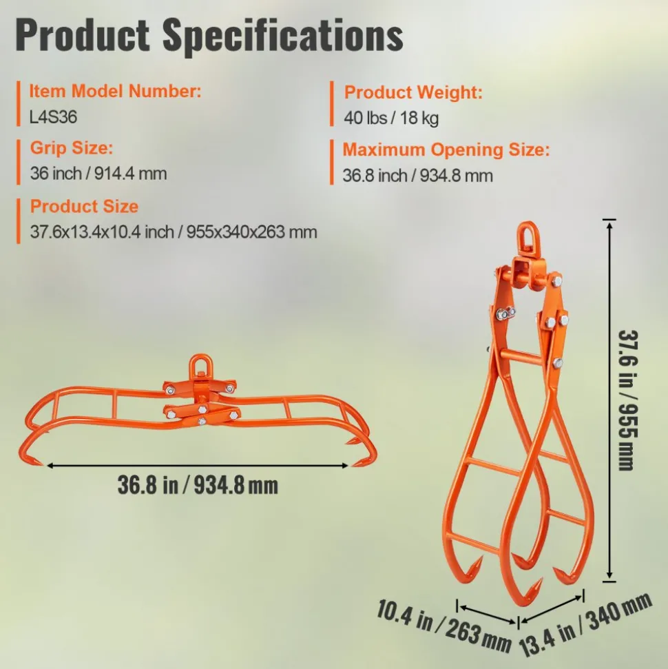 VEVOR Timber Claw Hook, 36 inch 4 Claw Log Grapple for Logging Tongs, Swivel Steel Log Lifting Tongs, Eagle Claws Design with 3307 lbs/1500 kg Loading Capacity for Tractors, ATVs, Trucks, Forklifts