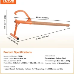 VEVOR Timberjack, 46.5 in, Heavy Duty Log Lifter with Wooden Handle, Log Roller with Adjustable Cant Hook, Logging Tools Log Jack for Logs Ups to 15