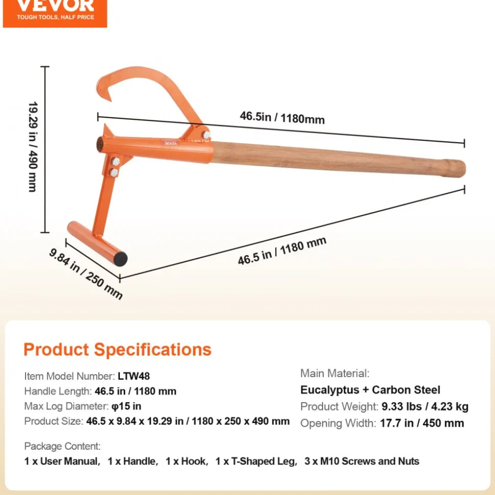 VEVOR Timberjack, 46.5 in, Heavy Duty Log Lifter with Wooden Handle, Log Roller with Adjustable Cant Hook, Logging Tools Log Jack for Logs Ups to 15" Dia, Timber Jack for Rolling Cutting Lifting Logs