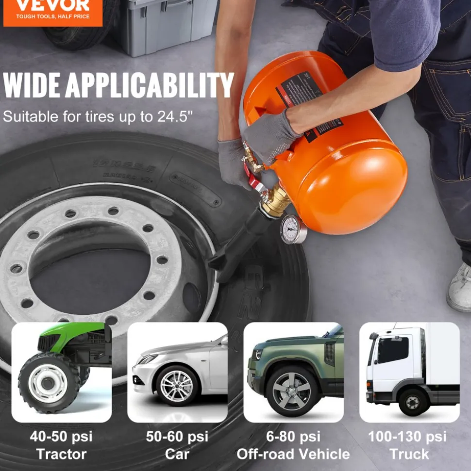 VEVOR Tire Bead Blaster, 5 Gallon/19L Capacity, Includes Pressure Gauge & Handle, 145 PSI Max Inflation Tank, Operates Between 85-116 PSI for Cars, Trucks, and ATVs