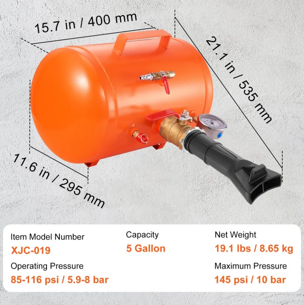 VEVOR Tire Bead Blaster, 5 Gallon/19L Capacity, Includes Pressure Gauge & Handle, 145 PSI Max Inflation Tank, Operates Between 85-116 PSI for Cars, Trucks, and ATVs