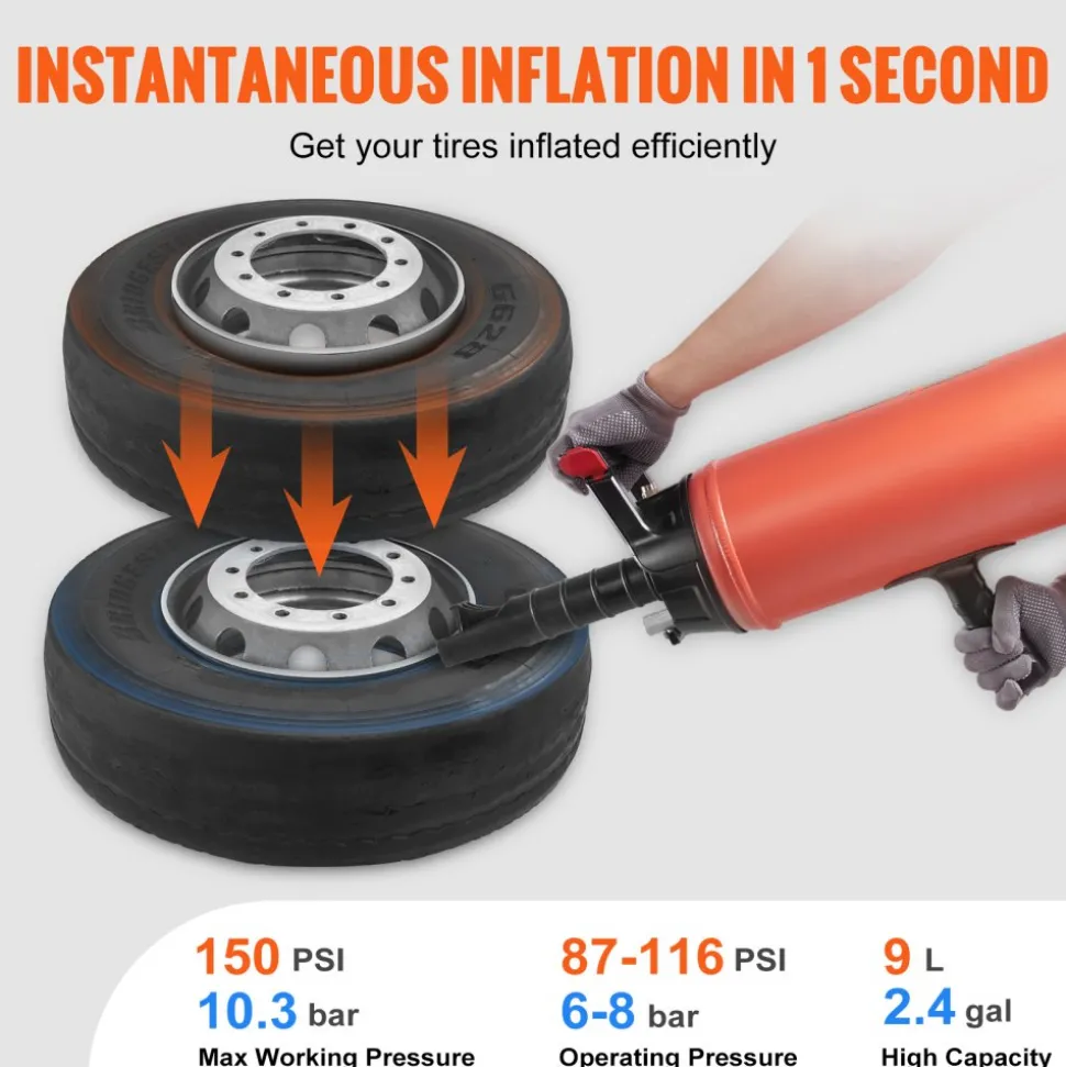 VEVOR Tire Bead Blaster, 150 PSI, Handheld 2.4 Gal/9 L Air Bead Seater, Portable Inflation Tool, 87-116 PSI for Trucks, ATVs, Cars, and Tractor Tire Repairs