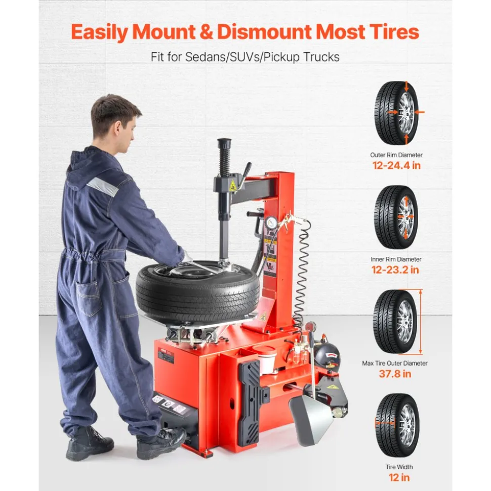 VEVOR Tire Changer Machine, 1.5HP Copper Motor, Durable Tire Changer with Air Pressure Gauge & Clamping Jaw Sheath, Pedal Operated Tire Changer with Thickened Chuck, Fit for Sedans/SUVs/Pickup Trucks