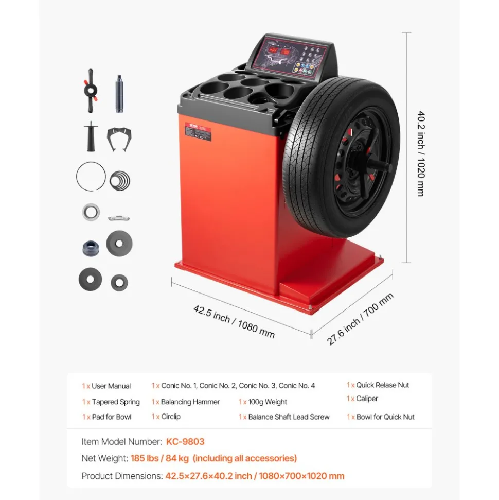 VEVOR Tire Changer Machine, 18" Spindle, Durable Tire Balancer with 4 Size of Conic & 45# Steel, Reinforced Tire Balancer with Complete Measuring Tools & Multi-Compartment, Fit for 1.5"-18" Wide Tire