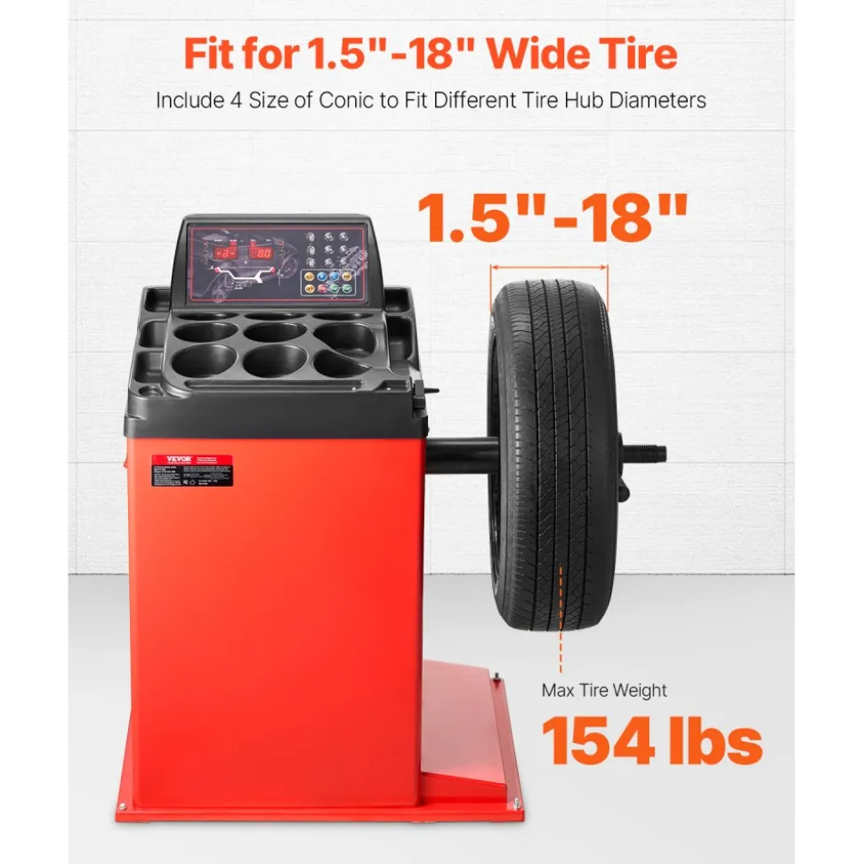 VEVOR Tire Changer Machine, 18" Spindle, Durable Tire Balancer with 4 Size of Conic & 45# Steel, Reinforced Tire Balancer with Complete Measuring Tools & Multi-Compartment, Fit for 1.5"-18" Wide Tire