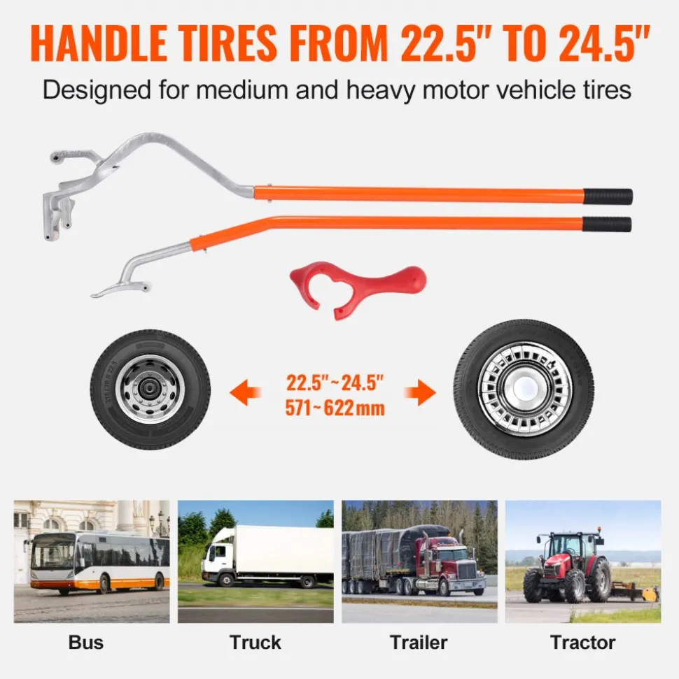 VEVOR Tire Mount Demount Tool, 22.5"-24.5" Manual Steel Tire Changer Mount Demount Removal Tool, with Extra Bead Holder, Tubeless Truck Bead Breaker, 3 PCS Tire Changing Tools, Orange