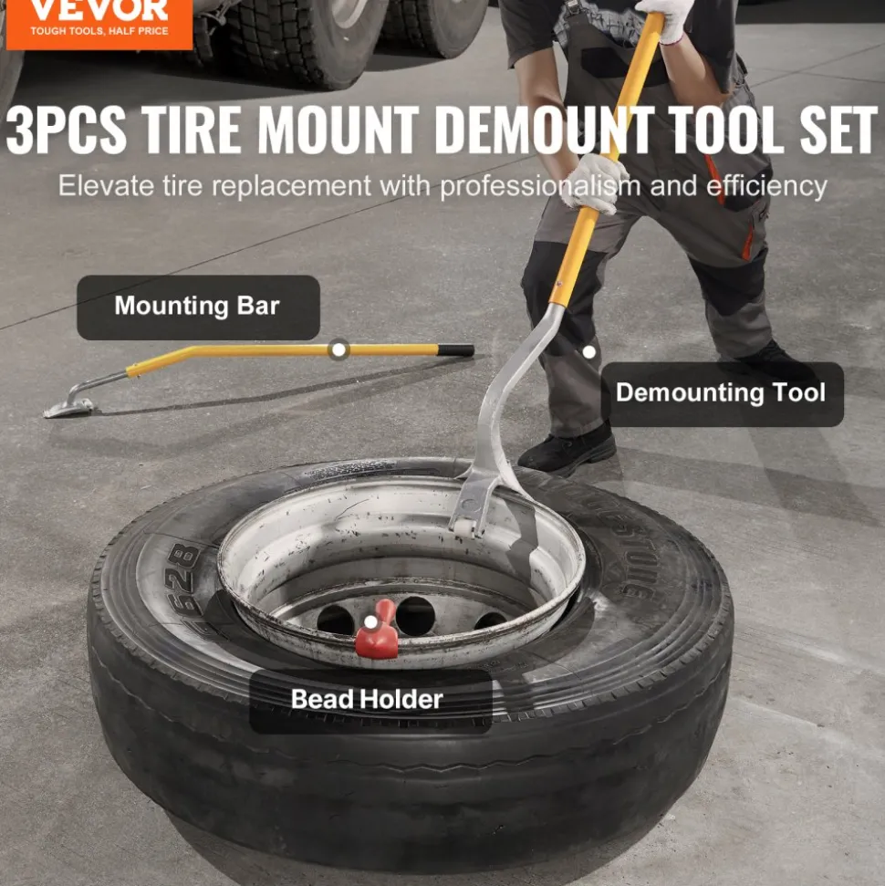 VEVOR Tire Mount Demount Tool, 22.5-24.5 inch Manual Steel Tire Changer Mount Demount Removal Tool, with Extra bead holder, Tubeless Truck Bead Breaker, 3 PCS Tire Changing Tools, Orange