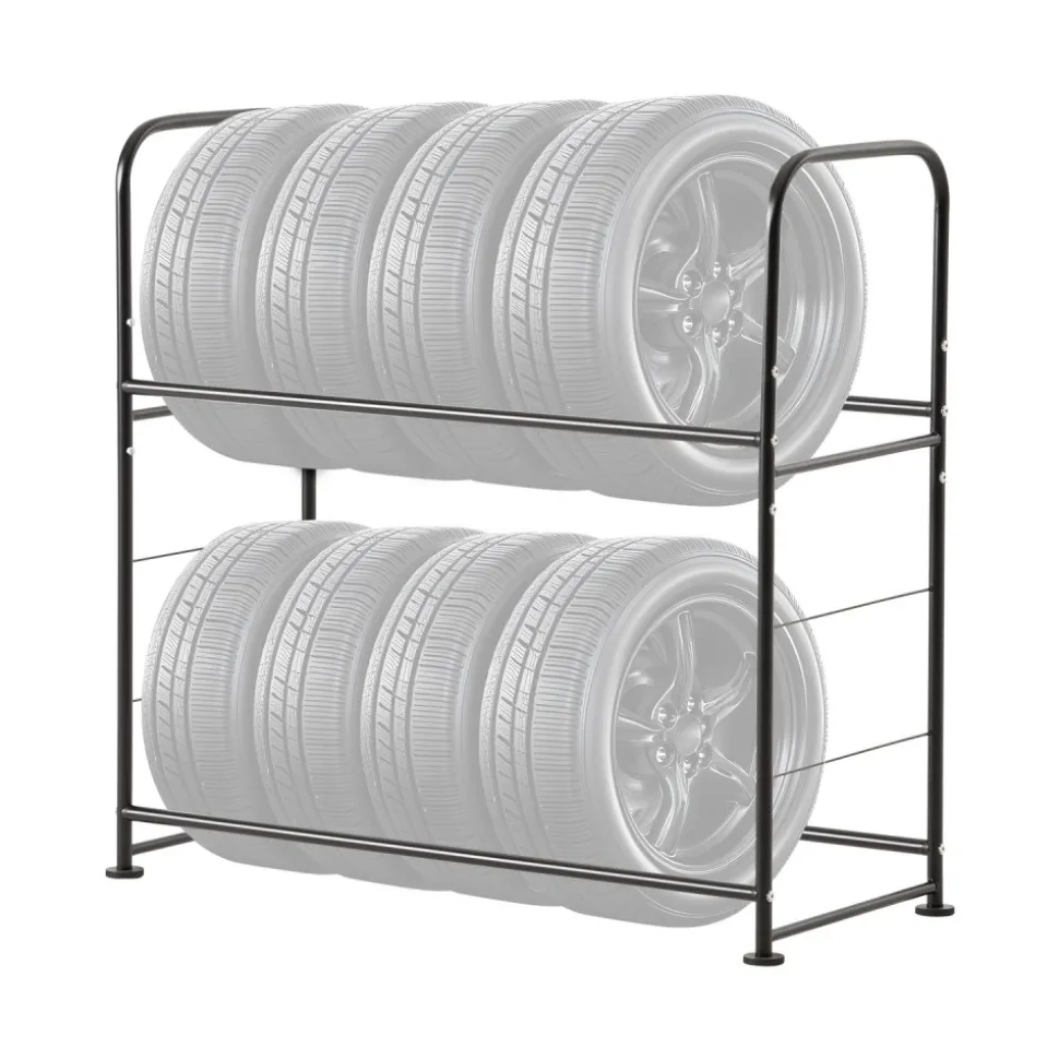 VEVOR Tire Storage Rack, 2-Shelf Tire Stand Holds up to 8 Standard Tires, Q195 Heavy-Duty Steel Tire Holder Carrier with Adjustable Height & Protective Cover for Garage Workshop, 396LBS Loading