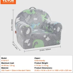 VEVOR Toddler Chair, Kids Armchair Comfy, Toddler Couch Sofa Bed Glow in The Dark, Kids Chair Seat Playroom Furniture for Kids Girls & Boys, Grey