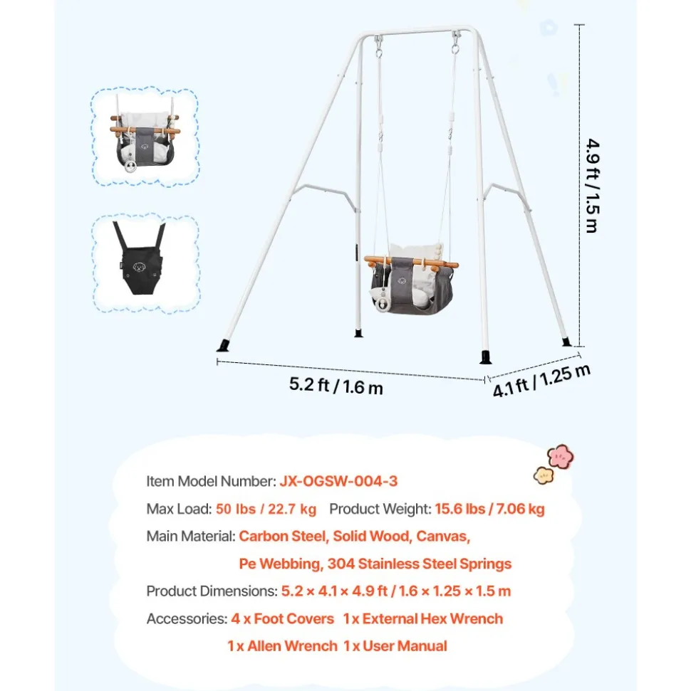 VEVOR Toddler Swing and Jumper, 2 in 1 Swing Set and Bouncer, Soft Cushion with Foldable A-Frame Metal Stand, Heavy-Duty Thick Ropes, Easy to Install and Store, for Indoor or Outdoor Play, Black