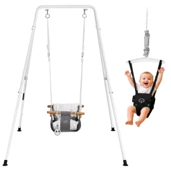 VEVOR Toddler Swing and Jumper, 2 in 1 Swing Set and Bouncer, Soft Cushion with Foldable A-Frame Metal Stand, Heavy-Duty Thick Ropes, Easy to Install and Store, for Indoor or Outdoor Play, Black