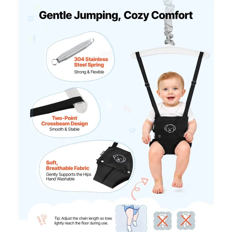 VEVOR Toddler Swing and Jumper, 2 in 1 Swing Set and Bouncer, Soft Cushion with Foldable A-Frame Metal Stand, Heavy-Duty Thick Ropes, Easy to Install and Store, for Indoor or Outdoor Play, Black