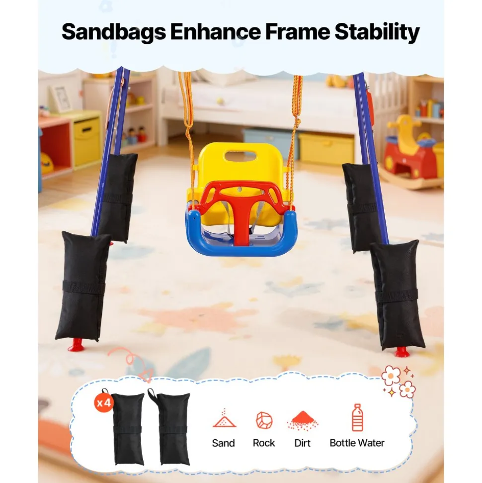 VEVOR Toddler Swing and Jumper, 2 in 1 Swing Set and Bouncer, Thick Plastic Seat with Foldable A-Frame Metal Stand, Reinforced with 4 Sandbags, Easy to Install and Store, for Indoor or Outdoor Play