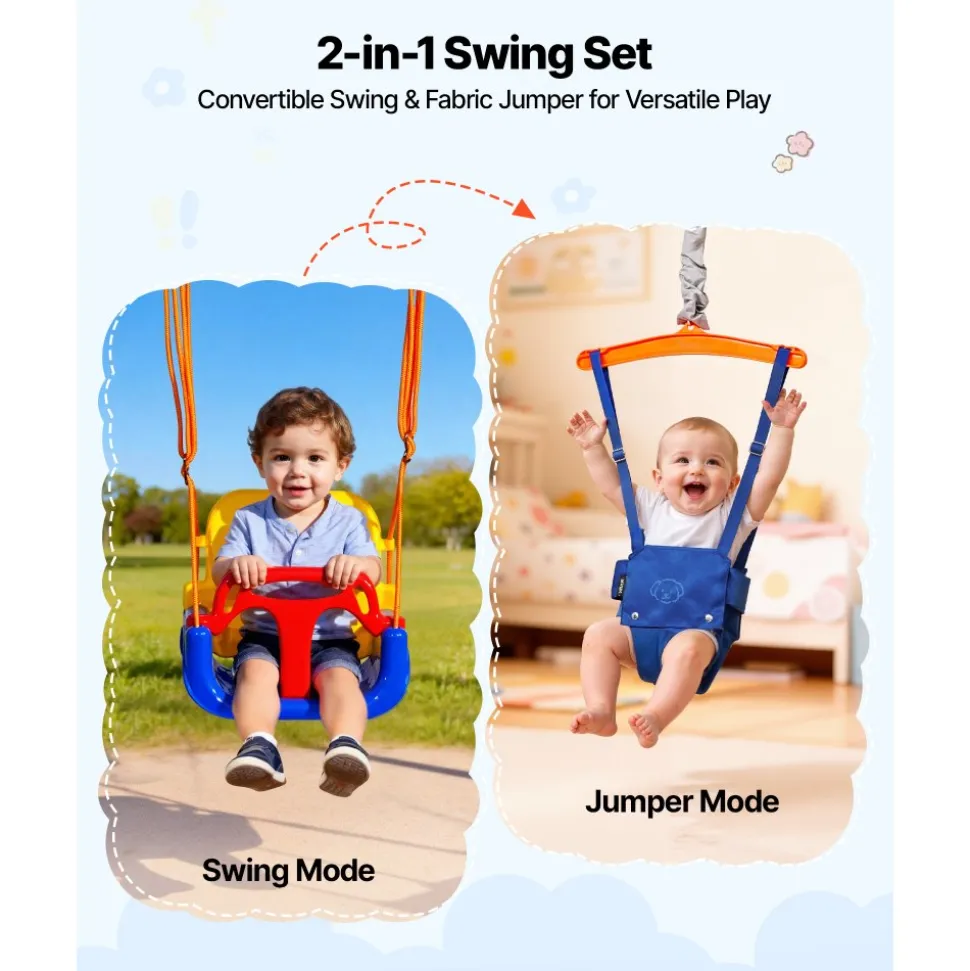 VEVOR Toddler Swing and Jumper, 2 in 1 Swing Set and Bouncer, Thick Plastic Seat with Foldable A-Frame Metal Stand, Reinforced with 4 Sandbags, Easy to Install and Store, for Indoor or Outdoor Play
