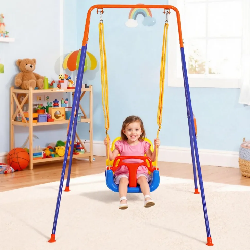 VEVOR Toddler Swing and Jumper, 2 in 1 Swing Set and Bouncer, Thick Plastic Seat with Foldable A-Frame Metal Stand, Reinforced with 4 Sandbags, Easy to Install and Store, for Indoor or Outdoor Play