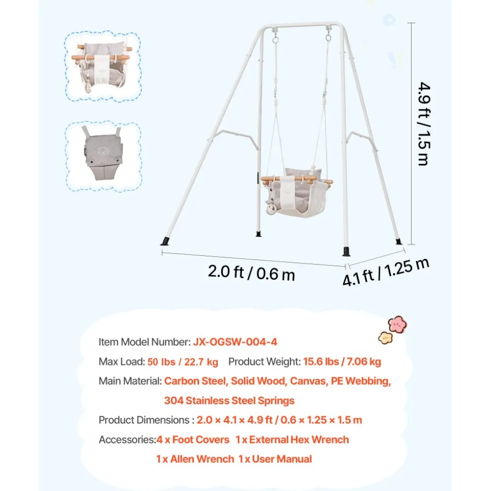 VEVOR Toddler Swing and Jumper, 2 in 1 Swing Set and Bouncer, Soft Cushion with Foldable A-Frame Metal Stand, Heavy-Duty Thick Ropes, Easy to Install and Store, for Indoor or Outdoor Play, Gray