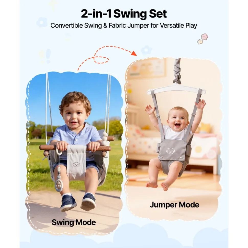 VEVOR Toddler Swing and Jumper, 2 in 1 Swing Set and Bouncer, Soft Cushion with Foldable A-Frame Metal Stand, Heavy-Duty Thick Ropes, Easy to Install and Store, for Indoor or Outdoor Play, Gray