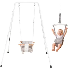 VEVOR Toddler Swing and Jumper, 2 in 1 Swing Set and Bouncer, Soft Cushion with Foldable A-Frame Metal Stand, Heavy-Duty Thick Ropes, Easy to Install and Store, for Indoor or Outdoor Play, Gray
