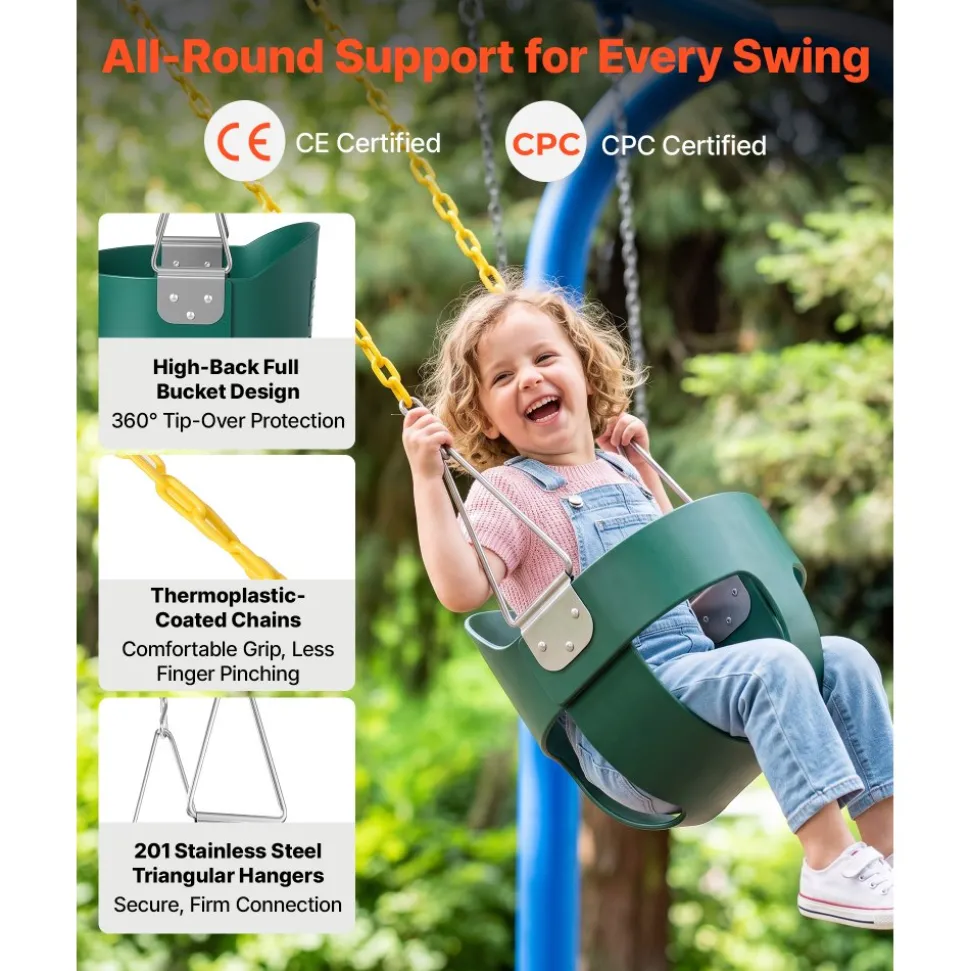 VEVOR Toddler Swing 300 lbs High Back Full Bucket Baby Swing Seat Pink, for Outdoor & Indoor Backyard Playground, Heavy-Duty Coated Chains and Carabiners, Fully Assembled Seat for Toddlers Age 3+
