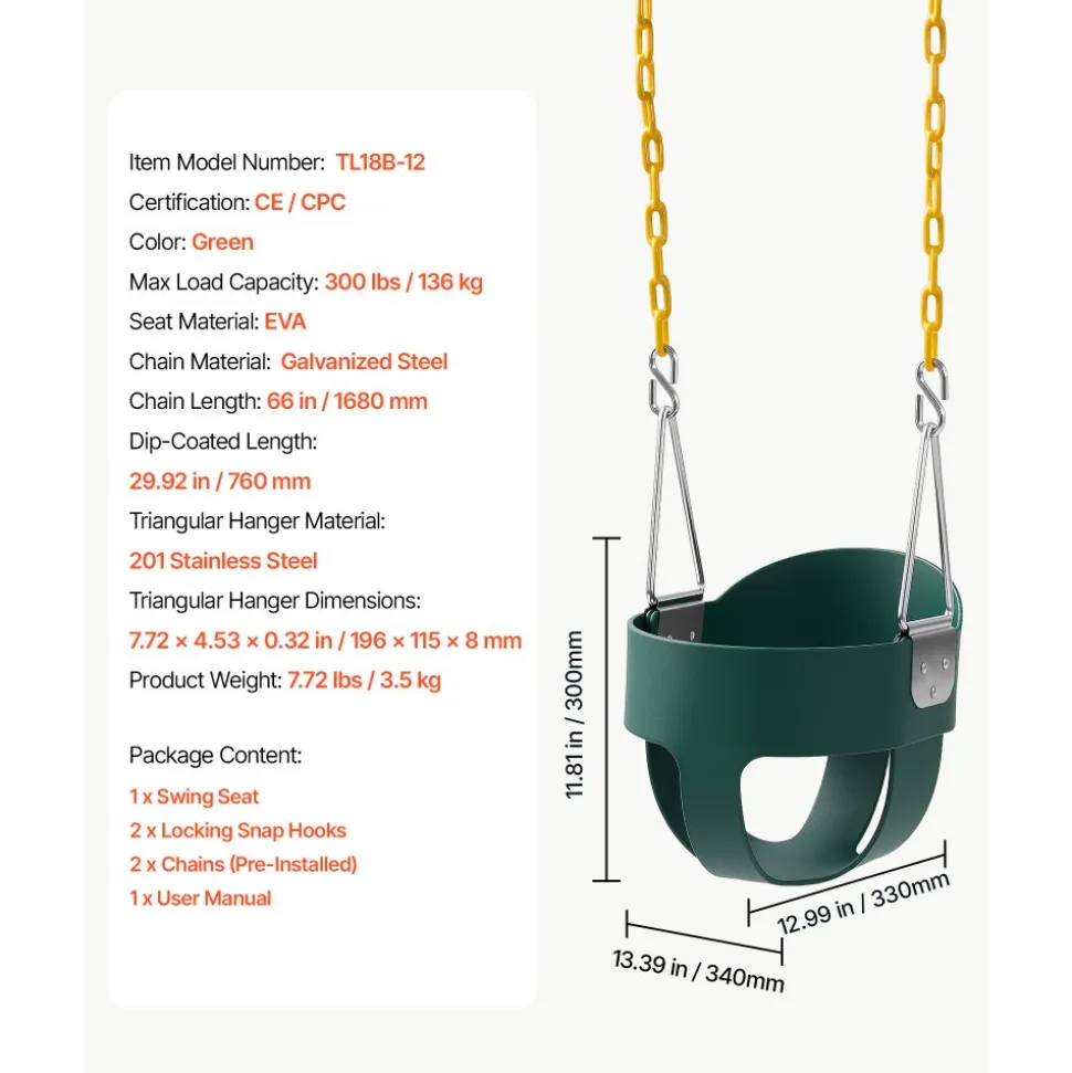 VEVOR Toddler Swing 300 lbs High Back Full Bucket Baby Swing Seat Pink, for Outdoor & Indoor Backyard Playground, Heavy-Duty Coated Chains and Carabiners, Fully Assembled Seat for Toddlers Age 3+