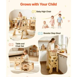 VEVOR Toddler Tower, Wooden, Adjustable Kitchen Step Stool for Kids 1-5, Montessori Weaning Table and Chair Set, Learning Standing Tower with Chalkboard, Backrest, for Bathroom and Kitchen Counter