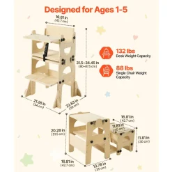 VEVOR Toddler Tower, Wooden, Adjustable Kitchen Step Stool for Kids 1-5, Montessori Weaning Table and Chair Set, Learning Standing Tower with Chalkboard, Backrest, for Bathroom and Kitchen Counter