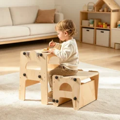 VEVOR Toddler Tower, Wooden, Adjustable Kitchen Step Stool for Kids 1-5, Montessori Weaning Table and Chair Set, Learning Standing Tower with Chalkboard, Backrest, for Bathroom and Kitchen Counter