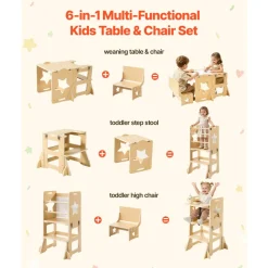 VEVOR Toddler Tower, Wooden, 6 in 1 Kitchen Step Stool for Kids 1-5, Montessori Weaning Table and Chair Set, Learning Standing Tower with Blackboard & Feeding Tray, for Bathroom and Kitchen Counter