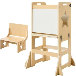VEVOR Toddler Tower, Wooden, 6 in 1 Kitchen Step Stool for Kids 1-5, Montessori Weaning Table and Chair Set, Learning Standing Tower with Blackboard & Feeding Tray, for Bathroom and Kitchen Counter