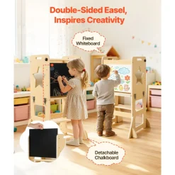 VEVOR Toddler Tower, Wooden, 6 in 1 Kitchen Step Stool for Kids 1-5, Montessori Weaning Table and Chair Set, Learning Standing Tower with Blackboard & Feeding Tray, for Bathroom and Kitchen Counter