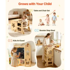 VEVOR Toddler Tower, Wooden, 4 in 1 Kitchen Step Stool for Kids 1-5, Montessori Weaning Table and Chair Set, Learning Standing Tower with Chalkboard, Easy to Clean, for Bathroom and Kitchen Counter