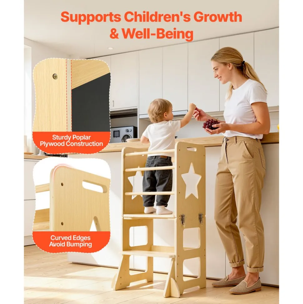 VEVOR Toddler Tower, Wooden, 4 in 1 Kitchen Step Stool for Kids 1-5, Montessori Weaning Table and Chair Set, Learning Standing Tower with Chalkboard, Easy to Clean, for Bathroom and Kitchen Counter