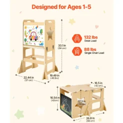 VEVOR Toddler Tower, Wooden, 4 in 1 Kitchen Step Stool for Kids 1-5, Montessori Weaning Table and Chair Set, Learning Standing Tower with Chalkboard, Easy to Clean, for Bathroom and Kitchen Counter