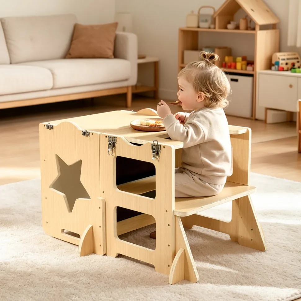 VEVOR Toddler Tower, Wooden, 4 in 1 Kitchen Step Stool for Kids 1-5, Montessori Weaning Table and Chair Set, Learning Standing Tower with Chalkboard, Easy to Clean, for Bathroom and Kitchen Counter