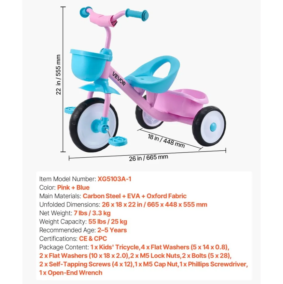 VEVOR Toddler Tricycle for 2-5 Year Old, Kids Trike with Adjustable Seat, Storage Basket, Carbon Steel Frame, Handlebar Grips for Outdoor Play, Tricycle for Toddlers, Birthday Toy for Boys and Girls