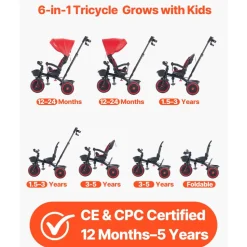 VEVOR Toddler Tricycle & Stroller for 1-5 Year Old, 6-in-1 Kids Trike with Parent Push Handle, Canopy, Adjustable Seat and Storage, Tricycle for Toddlers, Birthday Toy for Boys and Girls, Red/Black