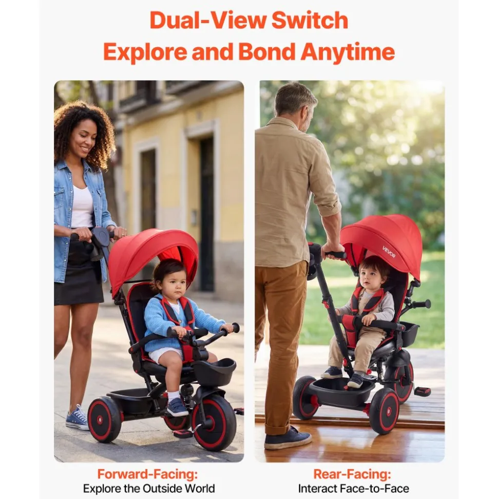 VEVOR Toddler Tricycle & Stroller for 1-5 Year Old, 6-in-1 Kids Trike with Parent Push Handle, Canopy, Adjustable Seat and Storage, Tricycle for Toddlers, Birthday Toy for Boys and Girls, Red/Black