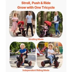 VEVOR Toddler Tricycle & Stroller for 1-5 Year Old, 6-in-1 Kids Trike with Parent Push Handle, Canopy, Adjustable Seat and Storage, Tricycle for Toddlers, Birthday Toy for Boys and Girls, Red/Black