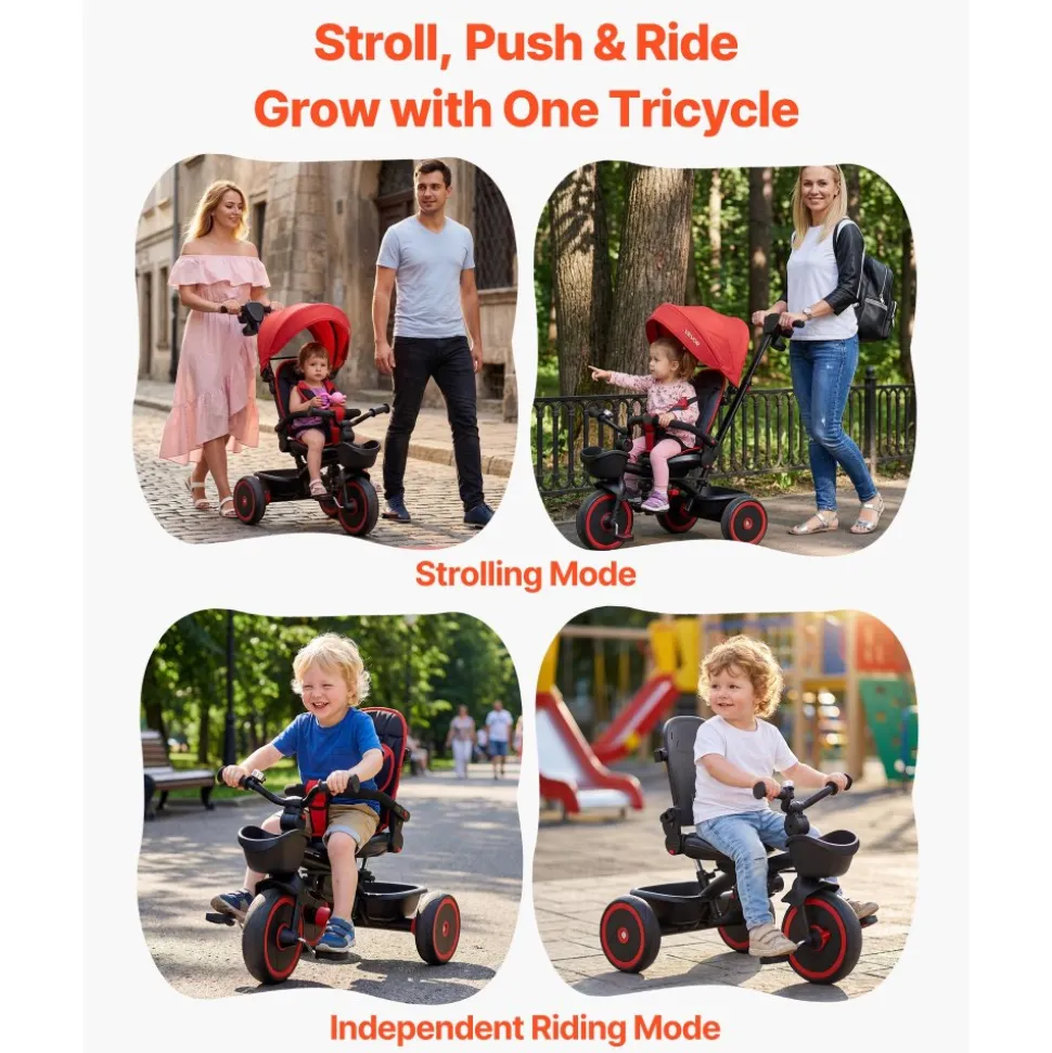 VEVOR Toddler Tricycle & Stroller for 1-5 Year Old, 6-in-1 Kids Trike with Parent Push Handle, Canopy, Adjustable Seat and Storage, Tricycle for Toddlers, Birthday Toy for Boys and Girls, Red/Black