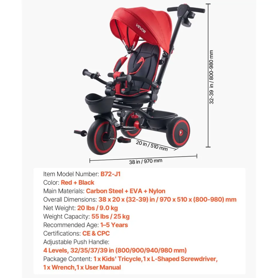 VEVOR Toddler Tricycle & Stroller for 1-5 Year Old, 6-in-1 Kids Trike with Parent Push Handle, Canopy, Adjustable Seat and Storage, Tricycle for Toddlers, Birthday Toy for Boys and Girls, Red/Black