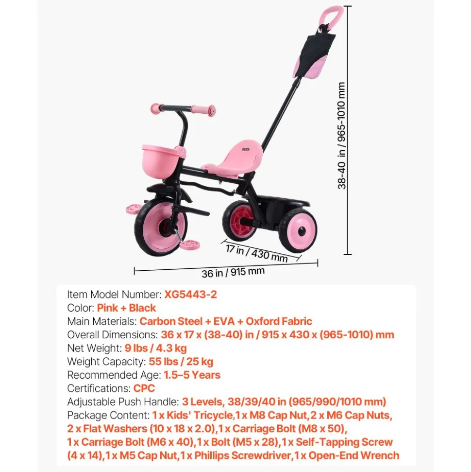 VEVOR Toddler Tricycle & Stroller for 18 Months to 5 Year Old, Kids Trike with Parent Push Handle, Adjustable Seat & Storage for Outdoor Play, Tricycle for Toddlers, Birthday Toy for Boys and Girls