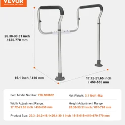 VEVOR Toilet Safety Rail, Bathroom Toilet Seat Frame, Adjustable Width & Height Fit Most Toilets, Supports 300lbs, Toilet Handles Grab Bars with Padded Armrests for Handicap, Disabled, Seniors