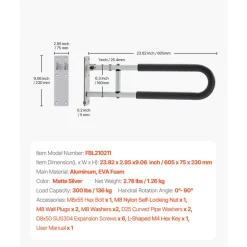VEVOR Toilet Safety Rail, 23.8 Inch U-Shaped Handicap Grab Bar, Foldable Senior Safety Pole, Flip Up Toilet Grab Bar with Anti-Slip Support Handle, 300 Lb Load Capacity for Elderly, Disabled, Pregnant