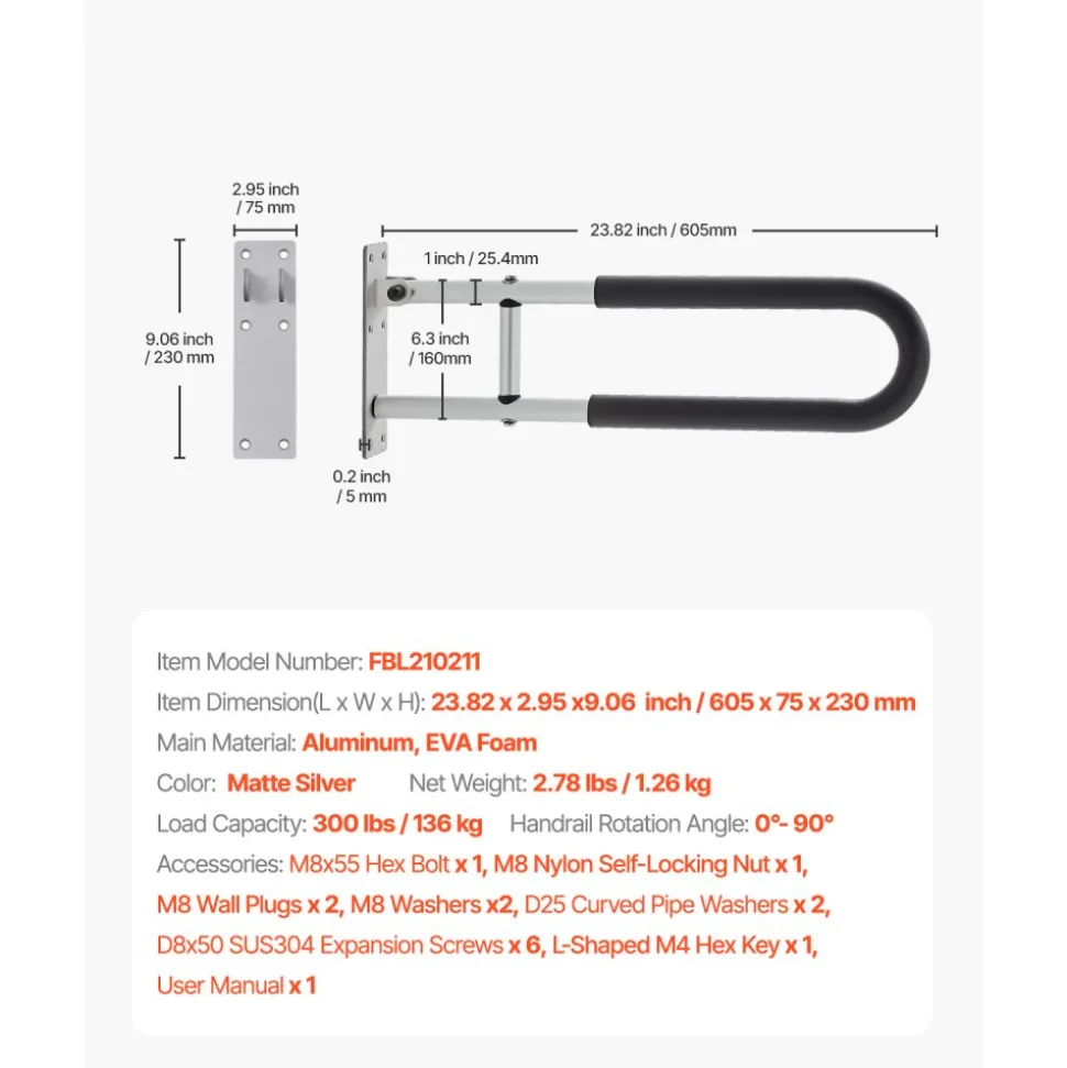 VEVOR Toilet Safety Rail, 23.8 Inch U-Shaped Handicap Grab Bar, Foldable Senior Safety Pole, Flip Up Toilet Grab Bar with Anti-Slip Support Handle, 300 Lb Load Capacity for Elderly, Disabled, Pregnant