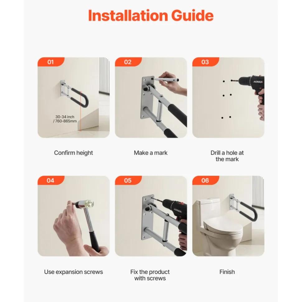 VEVOR Toilet Safety Rail, 23.8 Inch U-Shaped Handicap Grab Bar, Foldable Senior Safety Pole, Flip Up Toilet Grab Bar with Anti-Slip Support Handle, 300 Lb Load Capacity for Elderly, Disabled, Pregnant